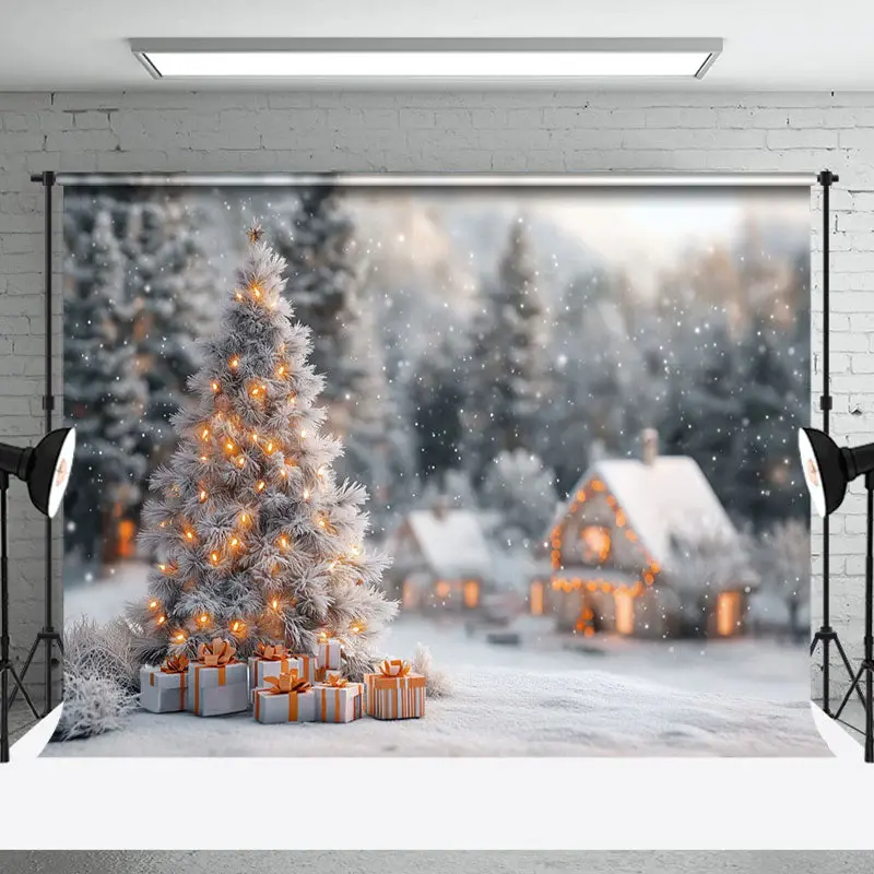 Snowy Rural House Forest Trees Christmas Backdrop - Aperturee