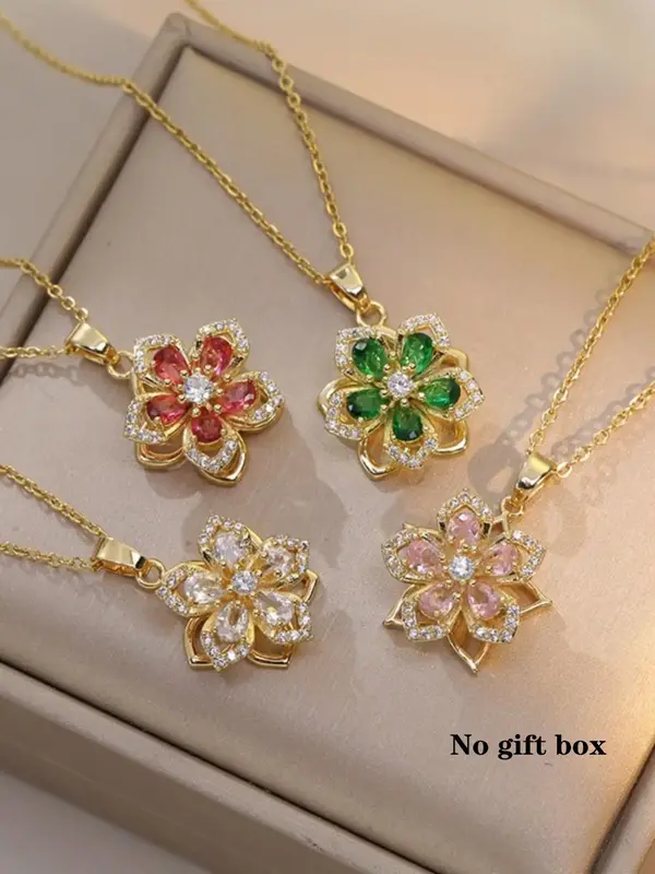 Rotatable Flower Design Trendy Charm Necklaces for Women, Summer Rhinestone Decor Fashionable Accessory for Party, Daily Clot...