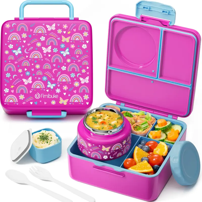 Fimibuke 60oz Leakproof Bento Lunch Box with 8oz Thermos, 3-4 Compartments, Sauce Jar & Utensils, BPA-Free, Dishwasher Safe d...