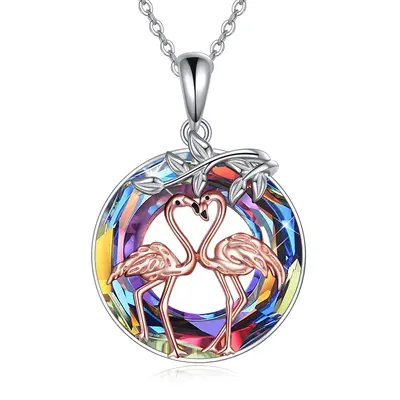 Sterling Silver Two-tone Circular Shaped Flamingo Crystal Pendant Necklace