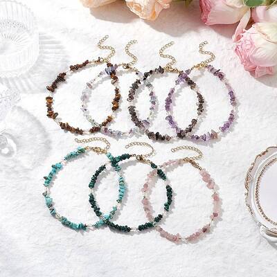 Natural Mixed Gemstone Chip & Glass Beaded Anklets