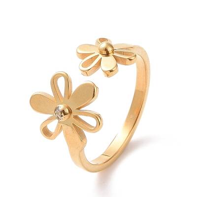 Ion Plating(IP) 304 Stainless Steel Flower Open Cuff Ring for Women