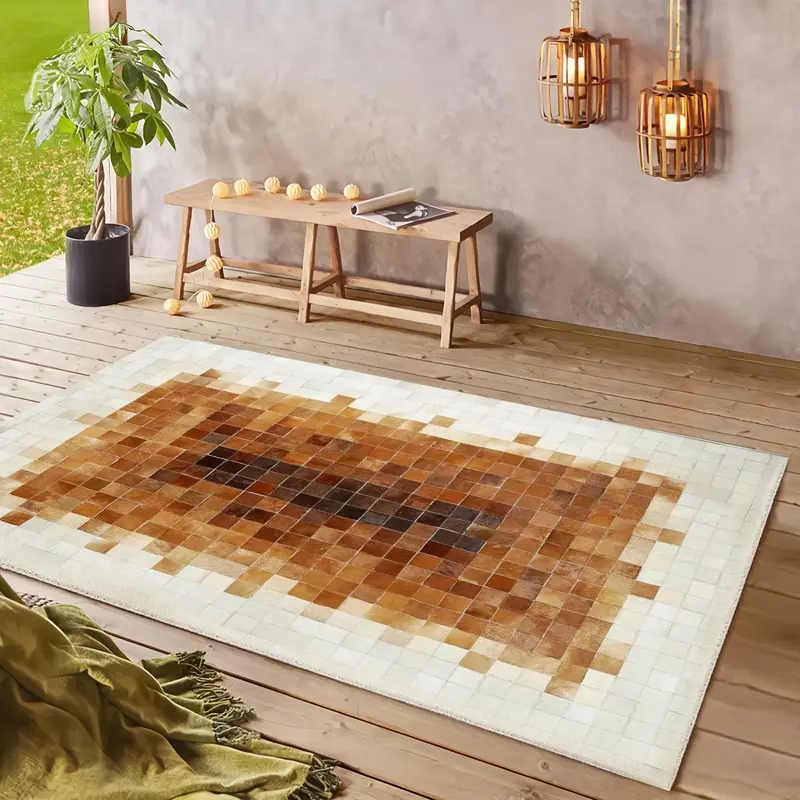 Cream & Brown Patchwork Calfskin Carpet
