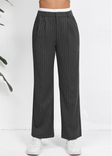 Modlily Grey Pocket Striped Straight Leg Zipper Fly Pants - XL