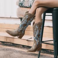 Athlefit Women's Embroidered Western Cowboy Boots Fashion Pointed Toe Chunky Heel Mid Calf Cowgirl Boots Walking Shoes Footwe...