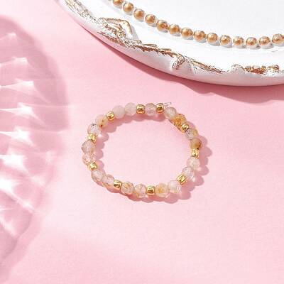 Natural Gold Rutilated Quartz Beaded Stretch Rings for Women