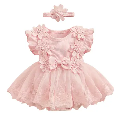Baby Girl 2 Piece Outfits Mesh Lace Patchwork Ruffle Romper Dress and Headband Cute Fashion Summer Clothes Springtok