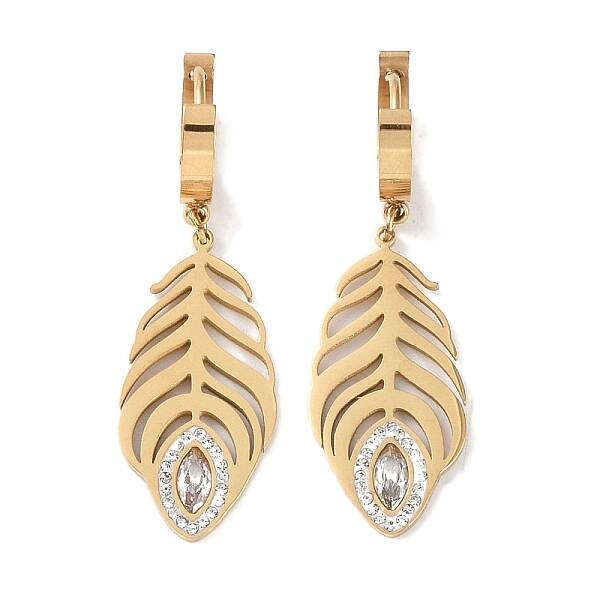 Feather 304 Stainless Steel Polymer Clay Rhinestone Dangle Earrings