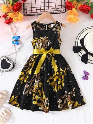 Girl's Butterfly Print Sweater Dress with Belt, Casual Sleeveless Knitting Dress for Summer, Kids Clothes for Daily Wear