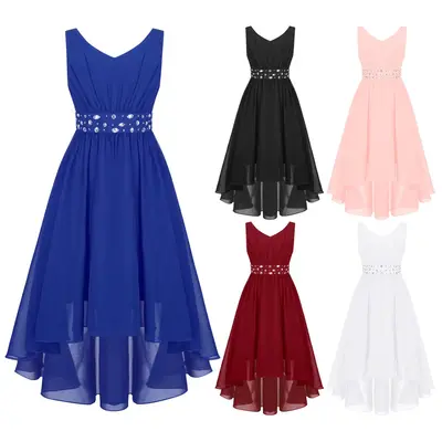 Kids Girls V Neck Sleeveless High-low Chiffon Dress for Flower Girls Quinceaneradress girlclothes