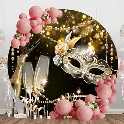 Aperturee Black Gold Bokeh Mask Pearl Round Birthday Backdrop | Circle Party Backdrop | Birthday Round Backdrop Cover | Circl...