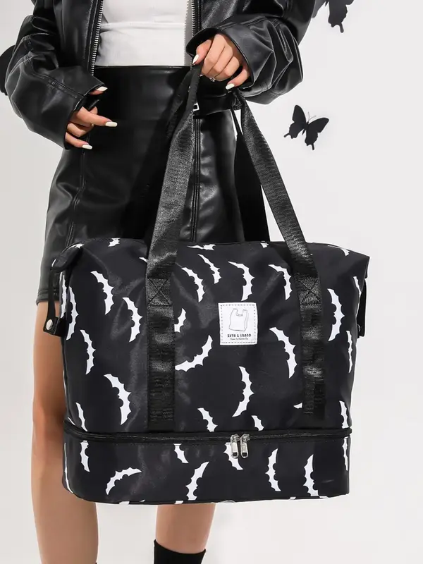 All Over Bat Pattern Letter Patched Design Travel Bag, Travel Essentials, Summer Large Capacity Zipper Weekender Duffel Bag, ...