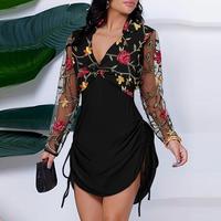 ChicMe Women's Floral Embroidery Pattern Shirt Dress Mesh Patch V-Neck Side Drawstring Mini Dress