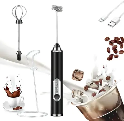 Electric Milk Frother with 3 Heads, Cafe Essentials, Handheld Coffee Whisk Drink Foam Mixer, Rechargeable Mini Stirrer for La...