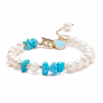 Synthetic Howlite & Pearl Beaded Bracelet with Alloy Enamel Heart Charms