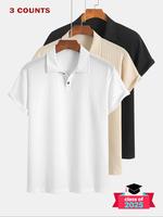 Men's Solid Color Jacquard Knitted Short Sleeve Polo Shirt Set, Regular Fit Casual Comfy Button Front Half Placket Polo Shirt...