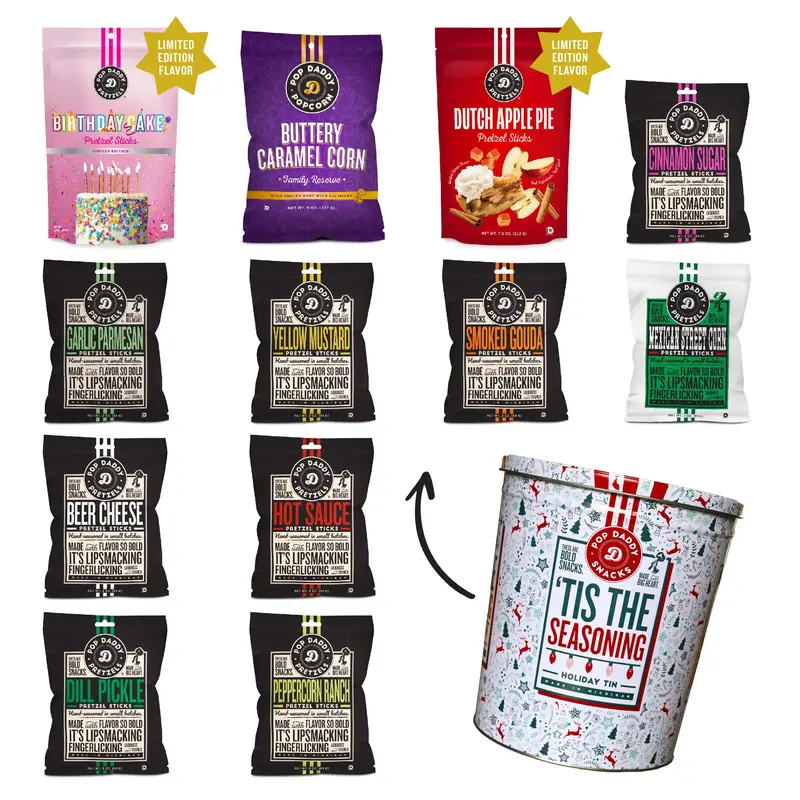 Holiday Tin - Pretzel Sampler Pack - 9 bags  + BIRTHDAY CAKE PRETZELS + BUTTERY CARAMEL CORN + DUTCH APPLE PIE PRETZELS Snack...