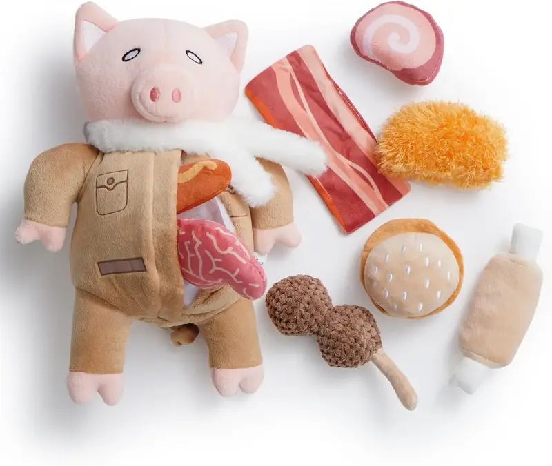 Nocciola 9-in-1 Pig Plush Dog Toys, Funny Piggy Puzzle Toy with 8 Pork Food Squeaky & Crinkle Toys, Dog Training Toys, Stimul...
