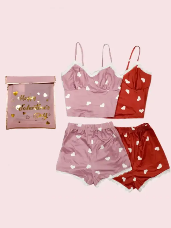 Women's Heart Print Pyjama Set, Summer Clothes Women, Contrast Lace Cami Top & Elastic Waist Shorts PJ Set, Lady Sleepwear & ...