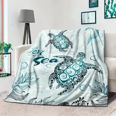 Sea Turtle Print Flannel Cozy Blanket, 1 Count Soft Comfortable Warm Napping Throw, Sleeping Bedding Supplies for Home Office...