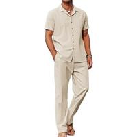 Father's Day Gift,COOFANDY Men 2 Pack Linen Outfit Beach Button Down Shirt Casual Loose Pant Overalls Sets Cotton Fabric Mens...