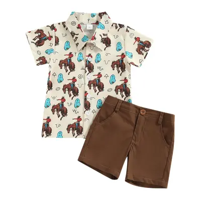 2Pcs Toddler Boys Summer Outfits, 1-6 Years Short Sleeve Graphic Print Button Down Shirt + Shorts Set Baby Clothing Clothes