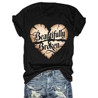[Regular Beautifully Broken Crew Neck] Women's Casual Crew Neck T-Shirt with Beautifully Broken Heart Print, 100% Cot...