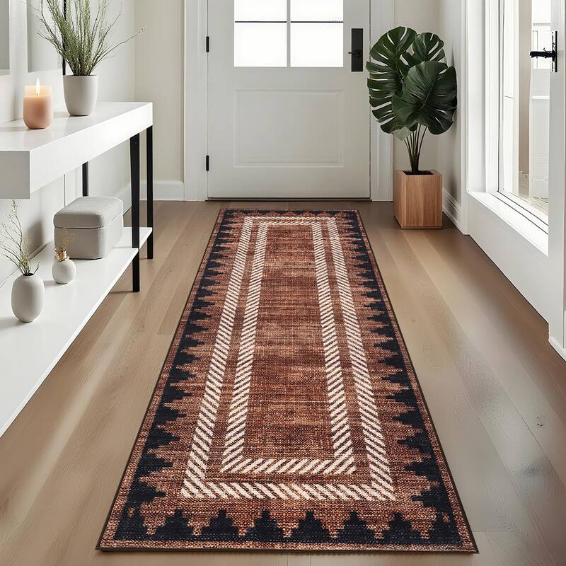 Garvee Modern Geometric Runner Rug 2x6 Washable Hallway Runner Rugs Brown Unique Bordered Neutral Bathroom Rug Non Slip, Non ...