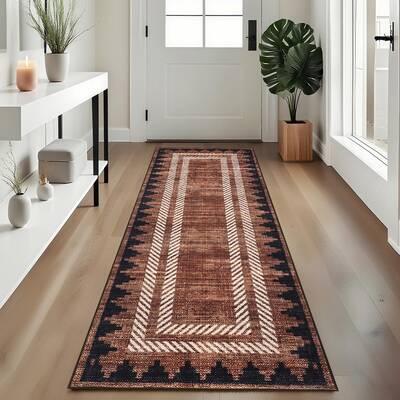 Garvee Modern Geometric Runner Rug 2x6 Washable Hallway Runner Rugs Brown Unique Bordered Neutral Bathroom Rug Non Slip, Non ...