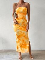 Women's All Over Print Ruched Backless Split Thigh Bodycon Tube Dress, Women's Clothing, Casual Sundress Maxi Dress, Elegant ...