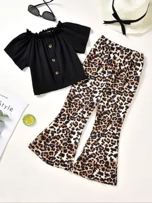 Toddler Girl's Solid Fake Buttons Top & Leopard Print Flare Leg Pants Two-piece Set, Casual Fashion Cozy Two Piece Outfits fo...