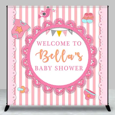 Pink Stripe Lace Custom Baby Shower Backdrop for Girl - Aperturee