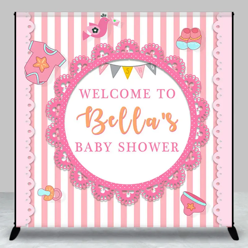 Pink Stripe Lace Custom Baby Shower Backdrop for Girl - Aperturee