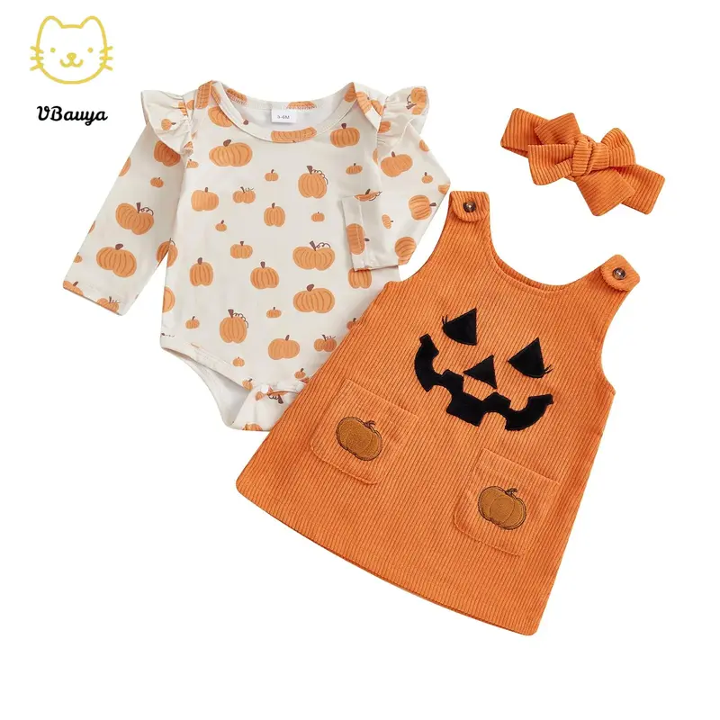 Baby Girl Halloween Outfit Pumpkin Ruffle Long Sleeve Romper Overall Dress Headband 3 Piece Set Costume Clothing Newborn Cute