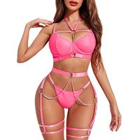 Avidlove Lingerie Set for Women Strappy 5 Piece Lingerie Garter with Underwire Push Up Bra and Chain