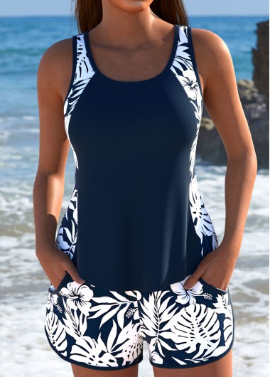 Modlily Plus Size Mid Waisted Tummy Coverage Navy Tankini Set - 2X