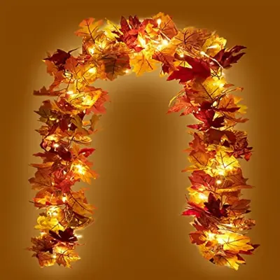 2 Pack Fall Maple Garland with 40 LED String Light- 5.8ft/Piece Artificial Fall Foliage Garland Autumn Decor for Home Wedding...
