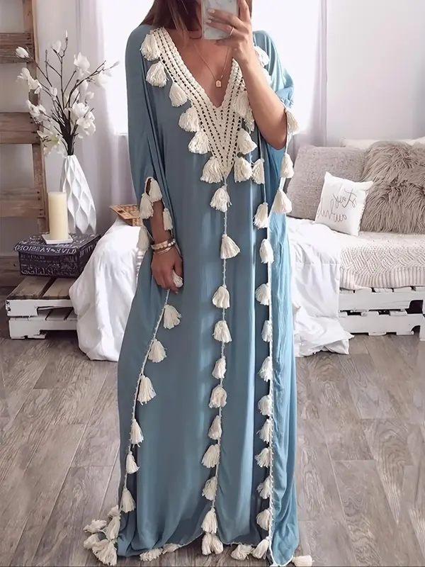 Women's Patchwork Fringe Trim Batwing Sleeve Arabian Robe Dress, Elegant V Neck Half Sleeve Long Dress for Daily Wear, Ladies...