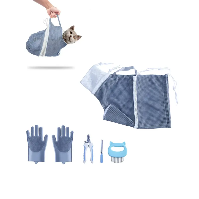 Cat Bathing Bag with Adjustable Anti-Bite and Anti-Scratch Features, Includes Nail Clipper, Nail File, Grooming Glove, and Co...