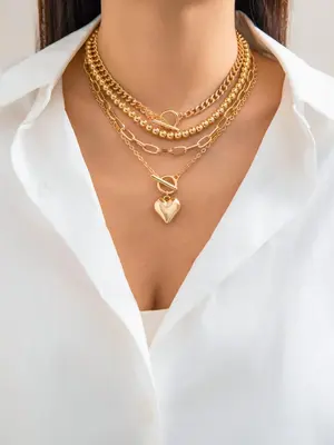 Women's Punk Style Love Heart Necklace & Chain Necklace & Beaded Necklace, Stackable Clavicle Chain, 4pcs/set Trendy Ot Buckl...