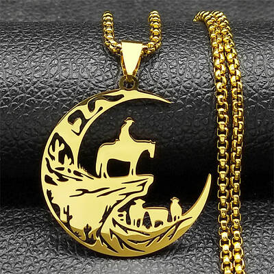 304 Stainless Steel Hollow Cut Cowboy Moon Pendant Necklaces