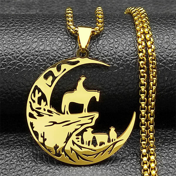 304 Stainless Steel Hollow Cut Cowboy Moon Pendant Necklaces