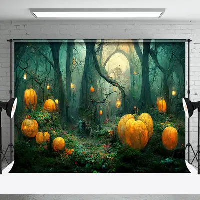 Pumpkin Light Dim Mystical Forest Halloween Backdrop - Aperturee