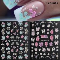 5D Embossed Floral Nail Decals, 5 Counts Semi-glossy Irregular Shaped Stickers with Petals, Butterfly & French Line, Nail Art...