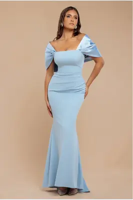 Goddiva Off Shoulder Back Satin Bow Scuba Maxi Dress - Light Blue