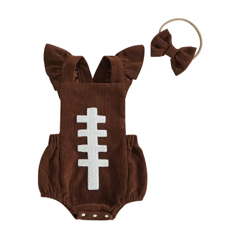 Newborn Baby Girl Football Outfit Ruffle Football Embroidery Romper Corduroy Onesie Bodysuit Jumpsuit Headband Set