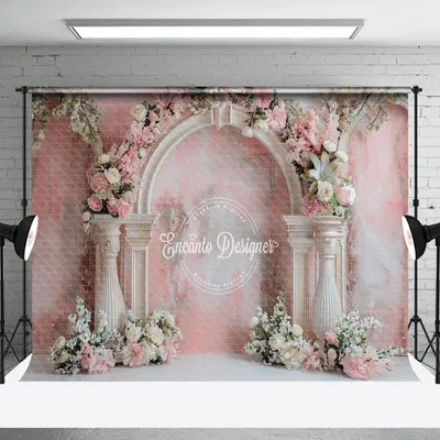 Abstract Retro Pink Wall Floral Wedding Backdrop