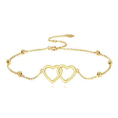 14K Gold Bead & Heart With Heart Charm Bracelet
