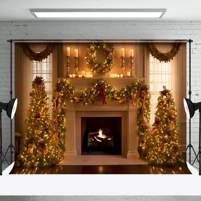 Aperturee Luxury Retro Warm Fireplace Tree Christmas Backdrop - Aperturee