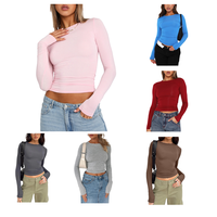 Women's Solid Raglan Sleeve Crop Tee for Spring, Sporty Crew Neck Long Sleeve T-Shirt for Gym Workout, Ladies Spring & Fall C...